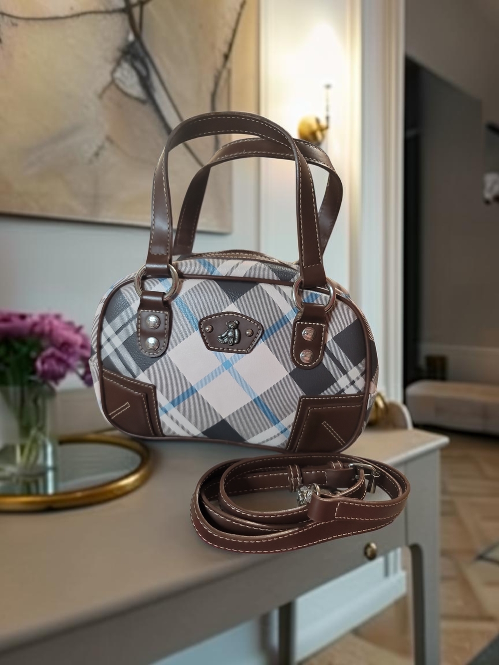 Teenie Weenie Brown Plaid Mini Dome Satchel with Blue Accents Good Condition